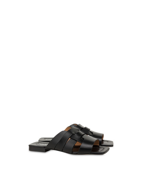 Cage cowhide flat slippers BLACK